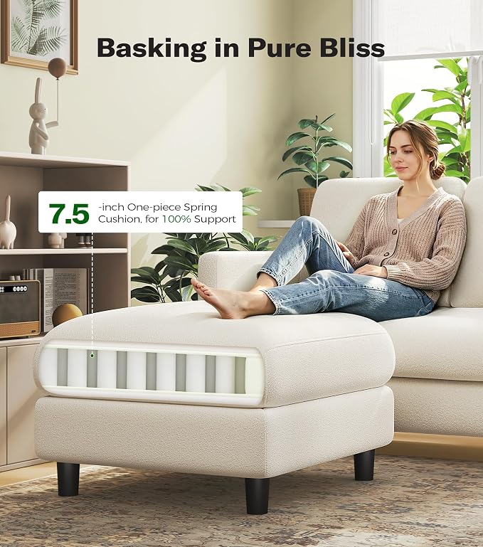 Welzona Loveseat, 51" Small L Shaped Couch, Comfy Teddy Love Seat with Ottoman Set, Tool-Free Setup Loveseat Sofa with Ottoman, All-Wood Small Sofa Couch for Bedroom, Couch for Living Room, Beige
