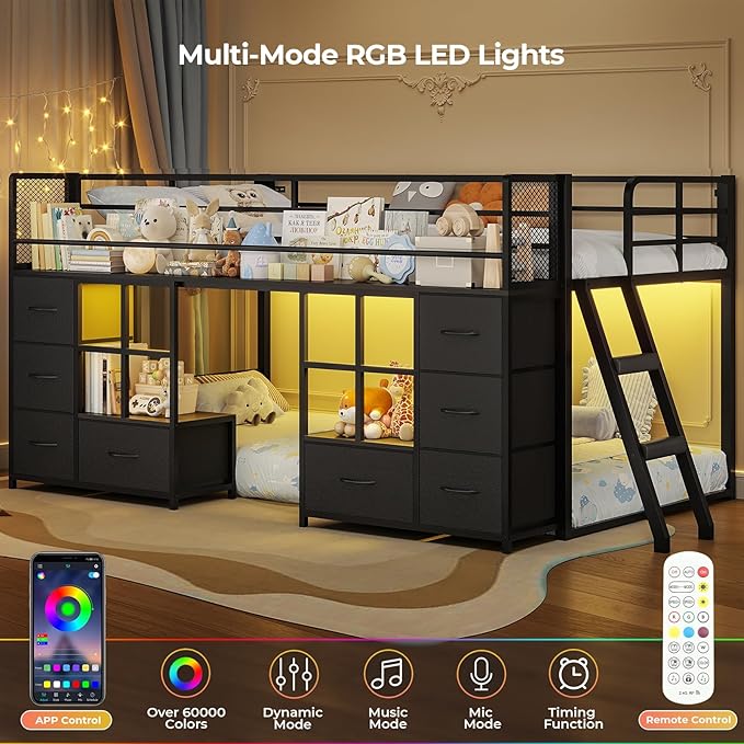 BTHFST Low Bunk Bed Twin Over Twin with 8 Fabric Drawers & Bookshelf, Twin Bunk Beds with RGB LED Lights, Windows, Metal Bunk Beds for Kids with Slanted Ladder & Safety Guardrails, Space Saving, Black