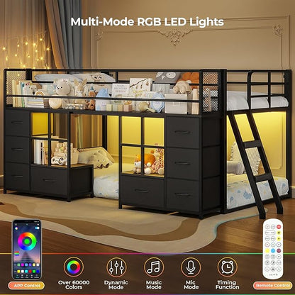 BTHFST Low Bunk Bed Twin Over Twin with 8 Fabric Drawers & Bookshelf, Twin Bunk Beds with RGB LED Lights, Windows, Metal Bunk Beds for Kids with Slanted Ladder & Safety Guardrails, Space Saving, Black