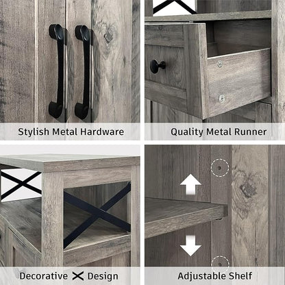 Befrases Farmhouse Storage Cabinet with Drawers and Shelf, Freestanding Kitchen Pantry Hutch for Kitchen, Living Room, Home Office, Rustic Grey