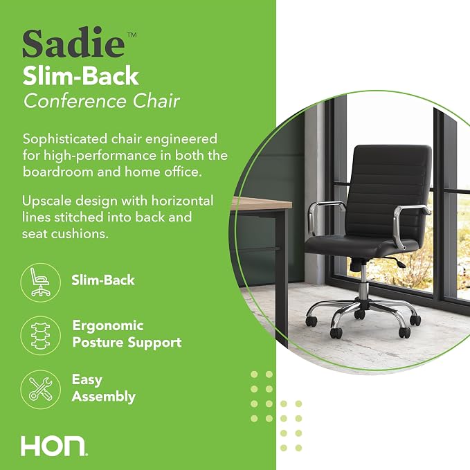 HON Sadie Executive Ergonomic Office Chair with Leather Upholstery, Chrome Arms and Back Support, Mid Back Desk and Computer Chair for Home Office or Conference Room, 360 Swivel, Black