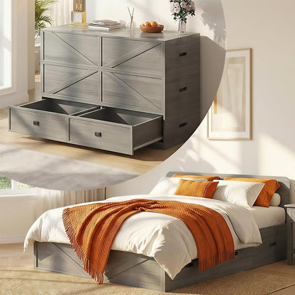 CECER 3-in-1 Full Murphy Bed with Mattress for Small Space -Grey | Multi-Functional Desgin that Converts to Sofa Set，Bed and Cabinet，Easy Assemble ＆ Conversion