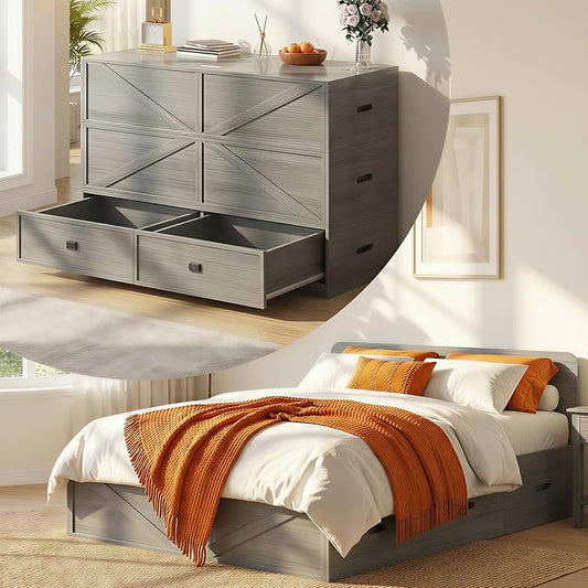 CECER 3-in-1 Full Murphy Bed with Mattress for Small Space -Grey | Multi-Functional Desgin that Converts to Sofa Set，Bed and Cabinet，Easy Assemble ＆ Conversion