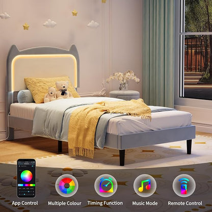 Garvee Twin Upholstered Bed Frame withCute Cat Headboard, Velvet Princess Platform Bed Frame with Sturdy Wood Slats Support for Girls/Kids, No Box Spring Needed, Blue