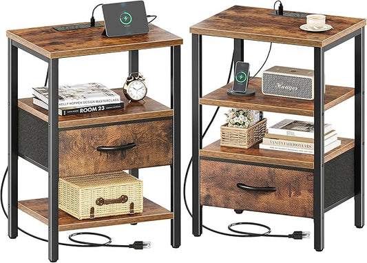 SUPERJARE Nightstand Set of 2, Bed Side Tables with Charging Station, Adjustable Fabric Drawer, Night Stand for Bedroom, 3-Tier Storage End Tables, for Living Room, Rustic Brown