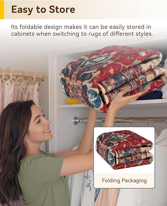 RELEANY Area Rugs Round 5ft Washable Non-Slip, Floral Vintage Distress Medallion Carpet for Living Room Bedroom Dining Room, Red Blue