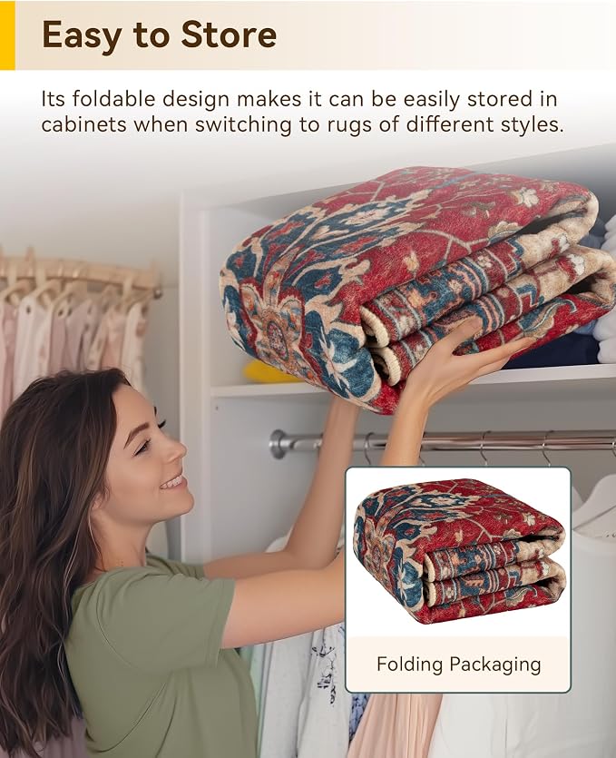 RELEANY Area Rugs Square 7ft Washable Non-Slip, Floral Vintage Distress Medallion Carpet for Living Room Bedroom Dining Room, Red Blue