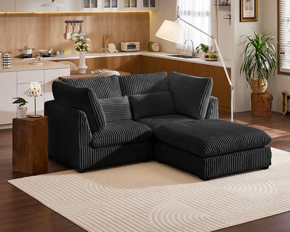 77" Oversized Corduroy Couch Modular Sectional Sofa, Washable Cloud Couch Sectional with Ottoman, 3 Seater Sectional Couches for Living Room, Fully Cover Removable, L Shaped, Corduroy, Black