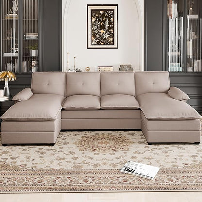 110" Sectional Couches for Living Room,4 Seat U Shape Modular Couch with Thick Cushion & Soft Backrest,Upholstered Sofa Couch with Double Chaise,Beige