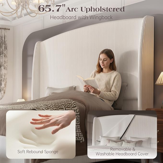 65.7" Tall Headboard California King Size Upholstered Bed Frame with Wingback, Soft Washable Corduroy Beds Cover, Solid Wood Legs, Noise-Free, No Box Spring Needed, Cream