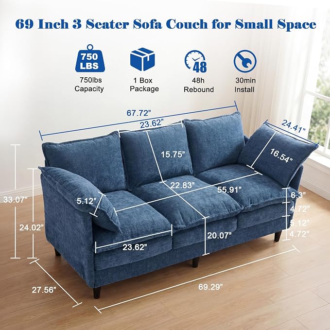 3 Seater Couch Sofa, 69" Small Couch Modern Cozy Comfy Cloud Chenille Sofa 23" Deep 1 Box & 2 Pillows & Washable Cover Couches for Living Room Bedroom Apartment Office 69-Blue