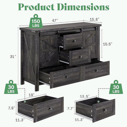 AMERLIFE 4-Piece Farmhouse Bedroom Set in Black Oak, Queen Size Bed Frame with Bookcase Headboard, 5-Drawer Tall Dresser, 47'' Dresser with 4 Drawers, 60" Dresser with 4 Drawers