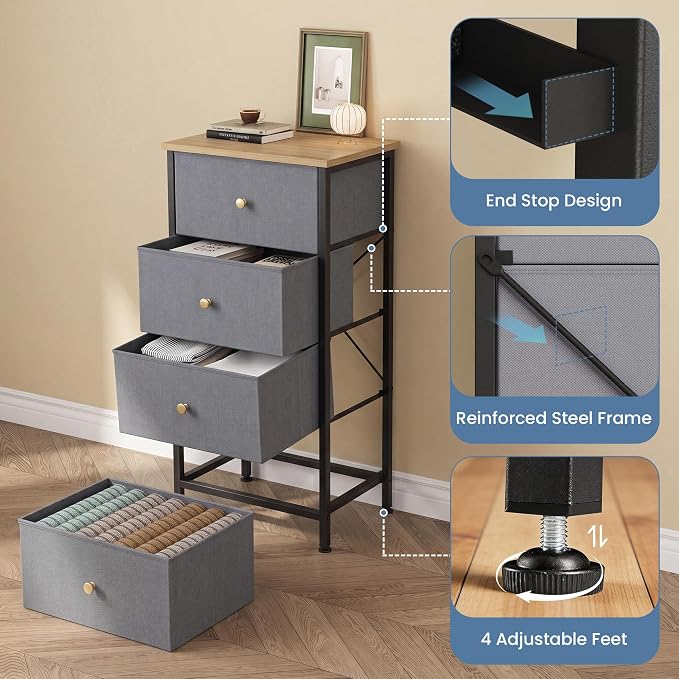DUMOS Nightstand with 4 Drawers Bedside Table with Removable Fabric Bins Sturdy Steel Frame Wood Top Organizer Furniture for Bedroom Closet Living Room, Dusty Blue