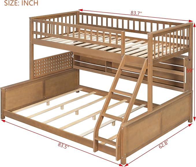 Twin XL Over Queen Bunk Bed, Wood Bunk Bed with Integrated Shelving, Color-Changing Lights and Pegboard for Kids Teens Adults, Brown