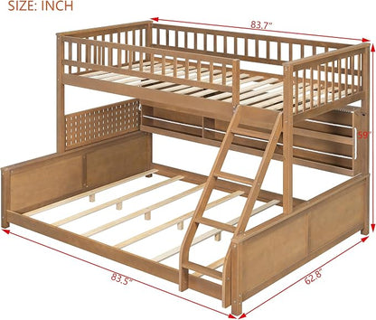 Twin XL Over Queen Bunk Bed, Wood Bunk Bed with Integrated Shelving, Color-Changing Lights and Pegboard for Kids Teens Adults, Brown