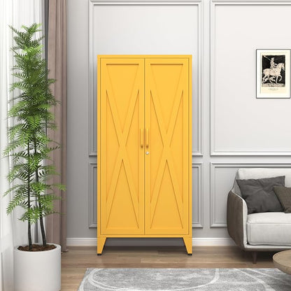 61'' Tall Metal Pantry Cabinet with Lock and 3 Adjustable Shelves,Freestanding Heavy Duty Steel Storage Locker, Yellow Metal Cabinets for Kitchen,Living Room,Laundry,Garage