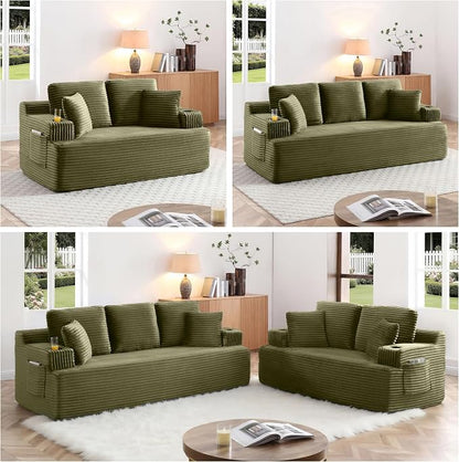 Boneless Sofa Couch Set with Cup Holders & Side Pockets, Modern Corduroy Fabric Upholstered 3-seat Couch & Loveseat Set with 4 Throw Pillows for Living Room, Office, No Assembly (Green)