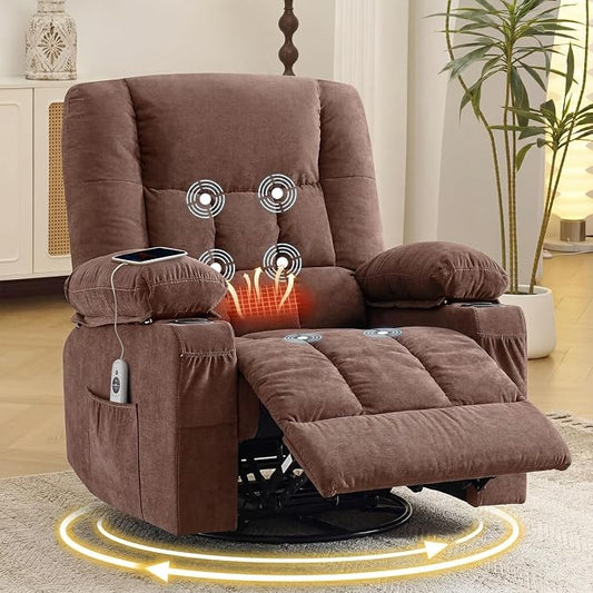 Swivel Rocker Recliner Chair with Vibration Massage and Heat Ergonomic Lounge Chair for Living Room with Rocking Function and Side Pocket, 2 Cup Holders, USB Charge Port