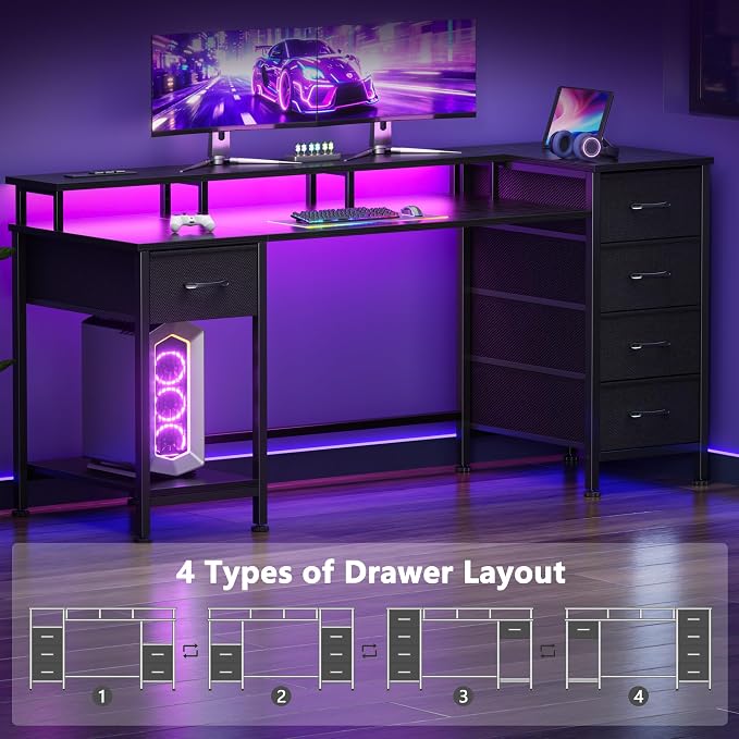Korfile 55 Inch Computer Gaming Desk with Power Outlets LED Lights Reversible Home Office with Adjustable Fabric Storage Drawers for Working Writing Study, Black