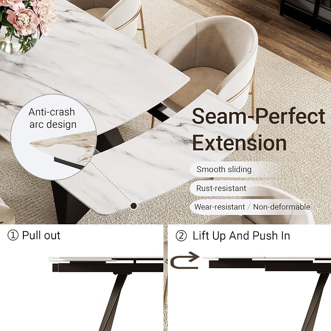 Honyee Extendable Dining Table with Leaf, 65 to 95 Inch Rectangular Sintered Stone, Modern Large Dining Room Table Seats 6 8 10 12, Metal Base, Marble Look for Family Gatherings