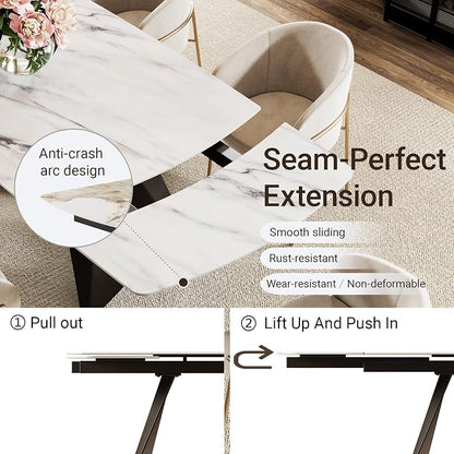 Honyee Extendable Dining Table with Leaf, 65 to 95 Inch Rectangular Sintered Stone, Modern Large Dining Room Table Seats 6 8 10 12, Metal Base, Marble Look for Family Gatherings