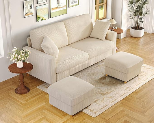 Kidirect 70in U Shaped Couch, Modular Sofa No Tool Assembly, Comfy Sectional Couches for Living Room 21in Deeper Seats, Corduroy Sofas for Living Room with 2 Pillows, Loveseat Sofa Set, Beige Couch