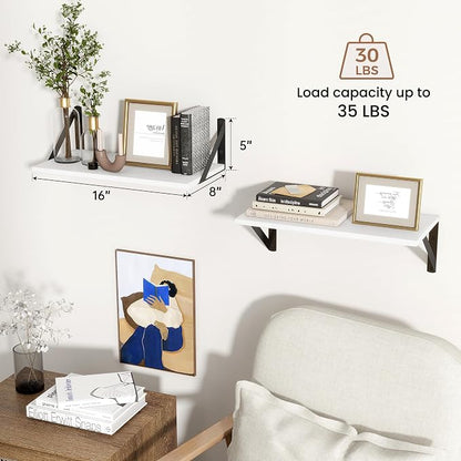 Axeman White Floating Shelves for Wall, 8 Inch Deep Wall Shelves Set of 2, 16''W x 8''D White Wood Shelves for Bookshelf Living Room Bedroom Home Office Bathroom