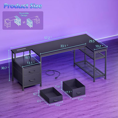 Korfile 57 Inch L Shaped Gaming Desk with Power Outlets and Type-C Port, Reversible Computer Office Desk with 2 Fabric Drawers & Mesh Shelves, Corner Desk for Study Work Writing Desk, Black