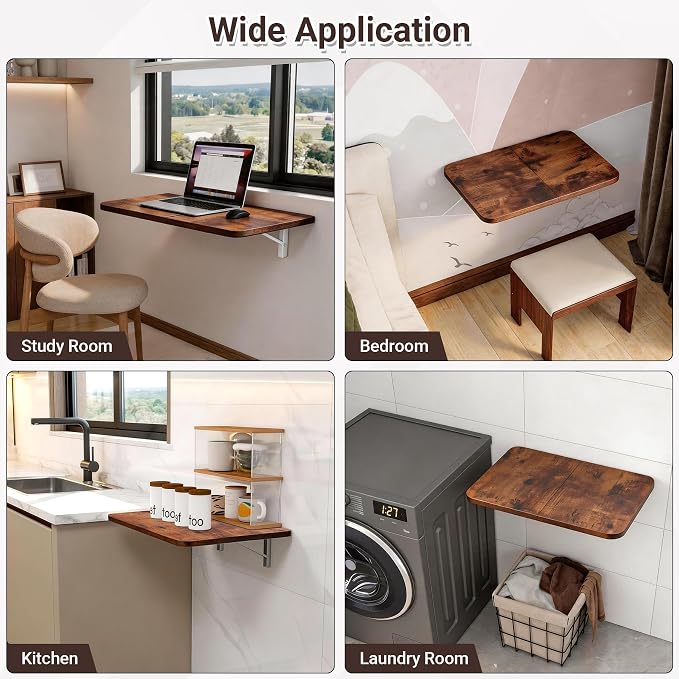 Neoaider Wall Mounted Folding Desk 23.6” x 15.7”, Brown | Drop Down Table with Metal Collapsible Brackets, Folding Wall Table for Small Spaces, Home, Office, Kitchen, Laundry Room