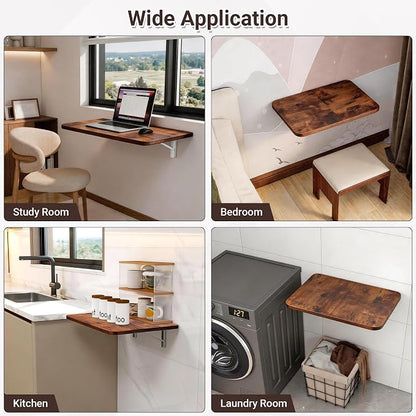 Neoaider Wall Mounted Folding Desk 23.6” x 15.7”, Brown | Drop Down Table with Metal Collapsible Brackets, Folding Wall Table for Small Spaces, Home, Office, Kitchen, Laundry Room