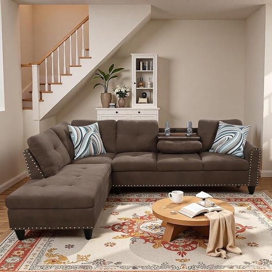L-Shaped Sectional Sofa, Modern 4-Seat Couch with Built-in Cup Holders, Upholstered Fabric Sectional Couch with Left Facing Chaise for Living Room, Apartment, Office, Brown