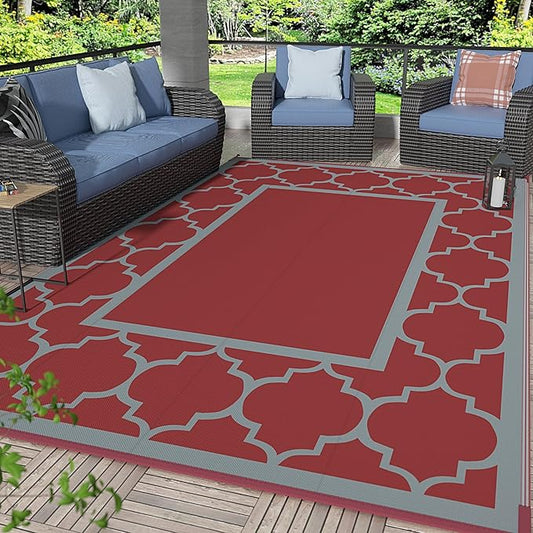 GENIMO 9' x 12' Outdoor Rug Waterproof for Patio Decor, Foldable Reversible Plastic Straw Area Rugs Mat for Camper, Outside Carpet for Rv, Deck, Porch, Picnic, Beach, Balcony, Red & Grey