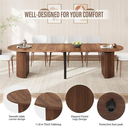 weselon 42"-120" Extendable Dining Table for 4-14, Expandable Oval Dining Room Table with Fluted Pedestal Base & Reinforced Metal Support Leg, Extra Large Modern Kitchen Table (Walnut)