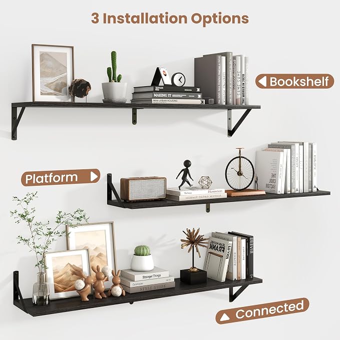 Axeman 40 Inch Floating Shelves, 8'' Deep Black Wall Shelves Set of 2, Rustic Wood Bookshelf, Floating Shelves for Bathroom Living Room Home Office Kitchen