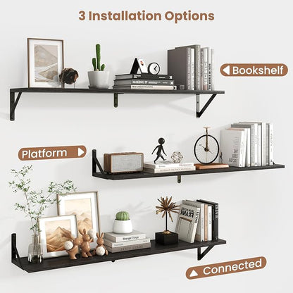 Axeman 40 Inch Floating Shelves, 8'' Deep Black Wall Shelves Set of 2, Rustic Wood Bookshelf, Floating Shelves for Bathroom Living Room Home Office Kitchen