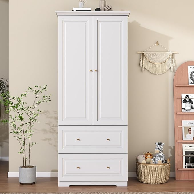 Armoire Wardrobe Closet with Drawers: 74" White Wardrobe with 2 Drawers, 2 Doors Bedroom Armoires with Hanging Rod, Tall Closet Cabinet for Hanging Clothes (31.5")