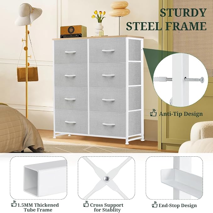8-Drawer Dresser for Bedroom, Anti-Tip Tall Storage Organizer Chest of Drawers with Wooden Top and Metal Frame Fabric Bins for Closet, Living Room, Hallway, Entryway, Light Gray