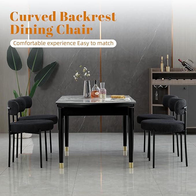 DYHOME Black Boucle Dining Chairs Set of 2, Mid Century Modern Kitchen Chairs with Curved Backrest and Metal Legs, Upholstered Dining Room Chairs