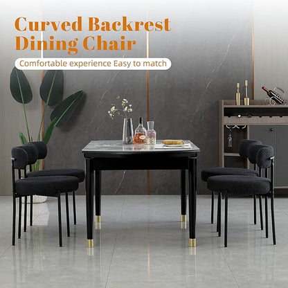 DYHOME Black Boucle Dining Chairs Set of 2, Mid Century Modern Kitchen Chairs with Curved Backrest and Metal Legs, Upholstered Dining Room Chairs