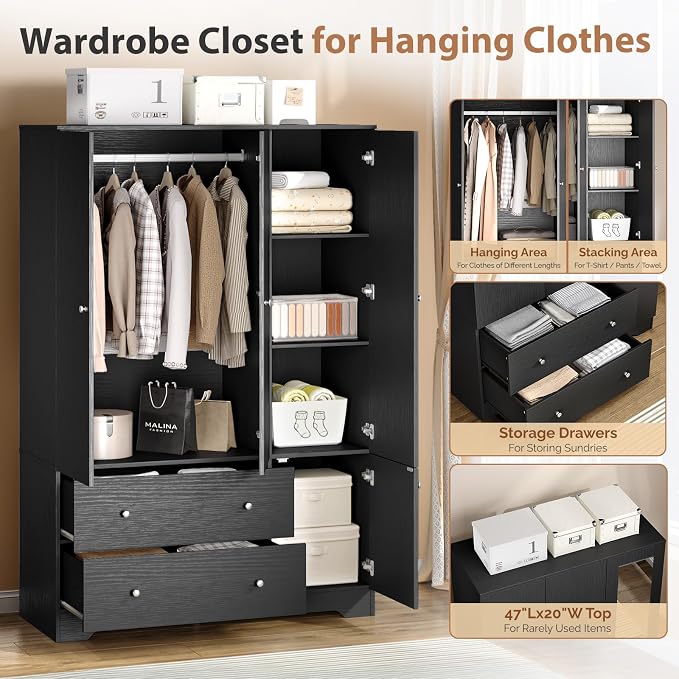 VINGLI Armoire Wardrobe Closet with Doors and Mirror,47" W Wardrobe Cabinet Wooden with Hanging Rod & Shelves Inside, 4 Door Bedroom Armoires with Drawers, Black Freestanding Armoire for Bedroom