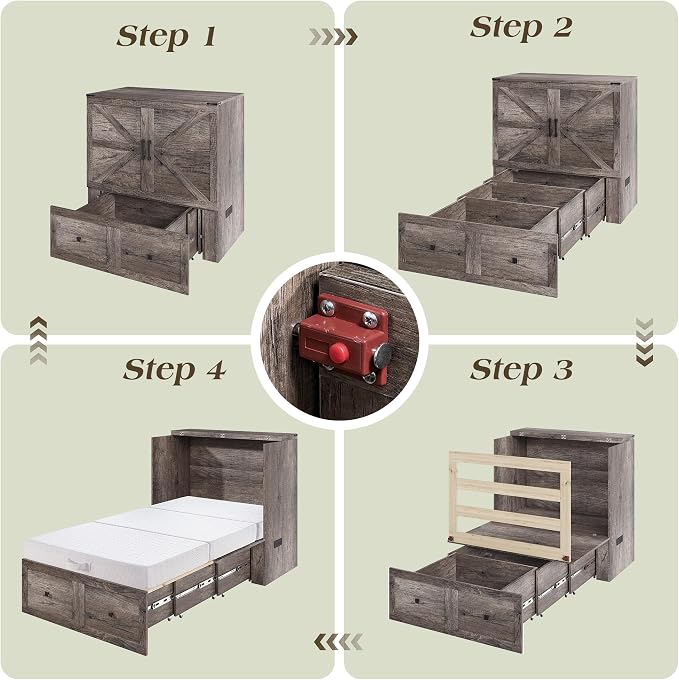 LUXOAK Twin Murphy Bed with 6" Tri-Fold Memory Foam Mattress, Storage Drawer & Charging Station, Space-Saving Design for Home Office or Guest Room, Rustic Grey