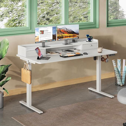 DEVAISE 55 Inch Electric Standing Desk with Shelf, Adjustable Computer Desk for Home Office, with LED Touchscreen, Headphone Hook, 3 Memory Preset, with One-Piece Desktop, White