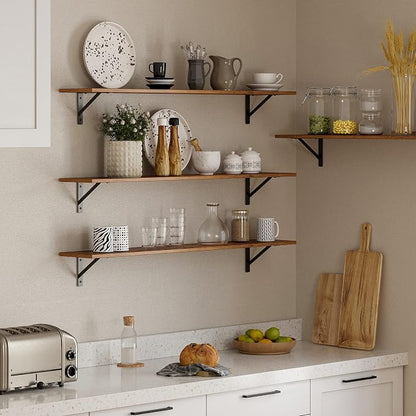 DINZI LVJ Long Wall Shelves, Set of 4, 55.1Inch Wall Mounted Shelves, Extra Large Floating Storage Ledges with Sturdy Metal Brackets for Living Room, Laundry, Garage, Closet, Rustic Brown