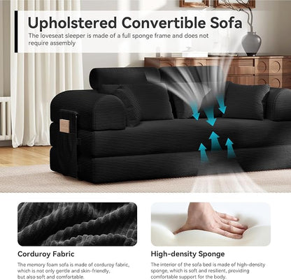Upgrade High Backrest Design Sofa Bed with Fixed-Shape Frame & Removable Armrests and Backrest, Corduroy Fabric, Convertible Mattress Couch for Small Spaces - No Assembly Needed (Black)