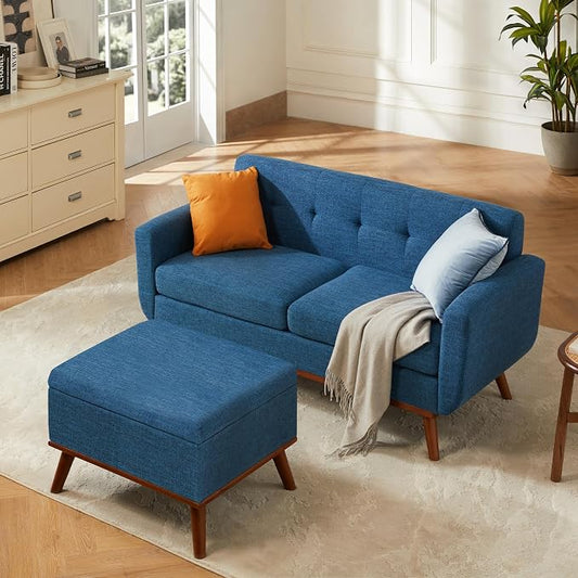 Kingfun 65" W Loveseat Sofa with Ottoman Coffee Table, Mid Century Modern Decor Love Seat Couches and Ottoman with Storage for Living Room, Button Tufted Upholstered Love Seats Furniture Set, Blue