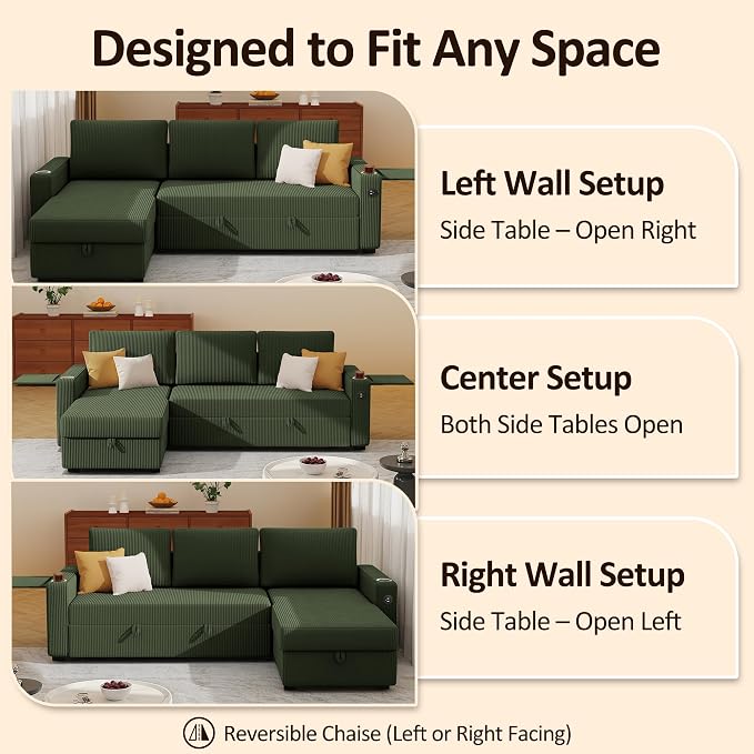 Ball & Cast 80" Sectional Sleeper Sofa Bed Pull Out Couches for Living Room | L Shaped Convertible Pull Out Sofa Bed with Storage Chaise, LED Lights, Foldable Table, USB Ports, Cup Holder and Side Pocket