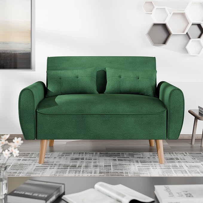 JAMFLY 47'' Small Loveseat Sofa, 2 Seat Compact Couch with Tapered Legs, Green Upholstered Furniture, Solid Wood Frame, Comfy Foam Cushion, Easy Assembly for Small Spaces