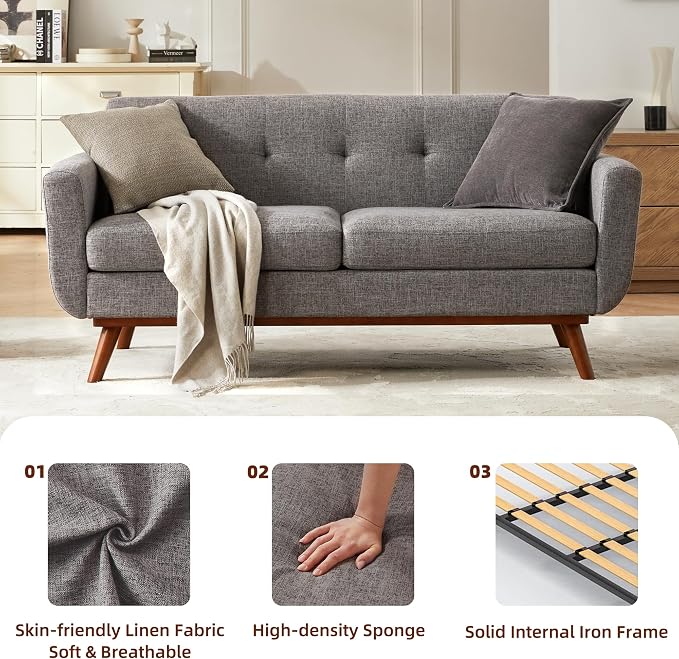 Kingfun 65.2" W Loveseat Sofa, Mid Century Modern Decor Love Seat Couches for Living Room, Button Tufted Upholstered Furniture, Solid & Easy to Install Small Couch for Bedroom Office Apartment, Grey