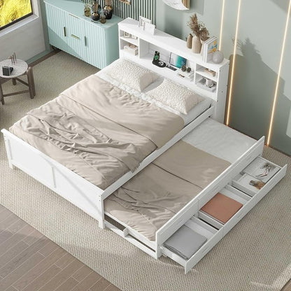 Merax Full Size Platform Bed with Storage Headboard, USB, Wood Bedframe with Twin Size Trundle and 3 Drawers, White