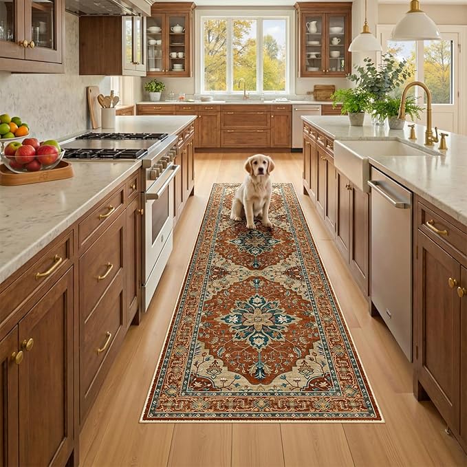 RELEANY Area Rugs Runner 2'x8' Washable Non-Slip, Floral Vintage Distress Medallion Carpet for Kitchen Hallway Bedroom Beside Laundry Room Bathroom, Red Orange Blue Brown